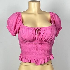 Hollister Peasant Top Small Pink  Puff Sleeve Swiss Dot Crop Boho Milkmaid Girly